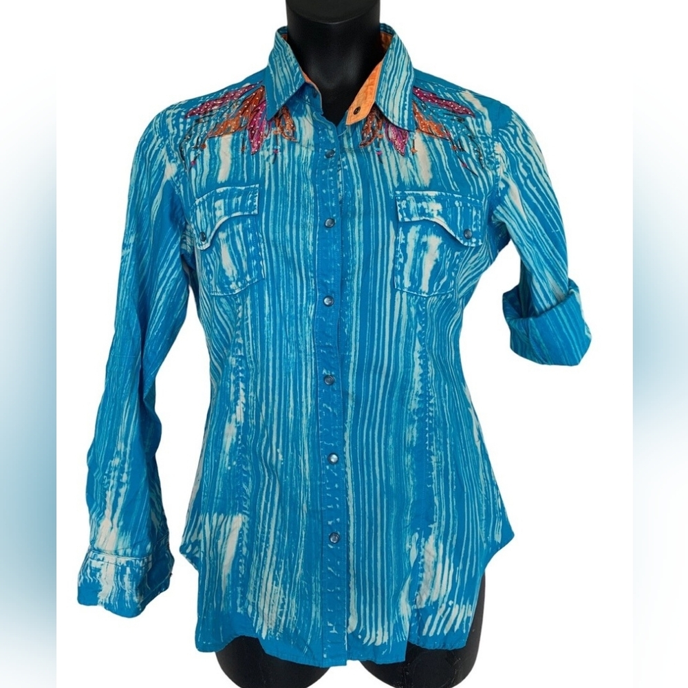 Rock & Roll Cowgirl Blue and Orange Embroidered Snap Button Down Western Top Med